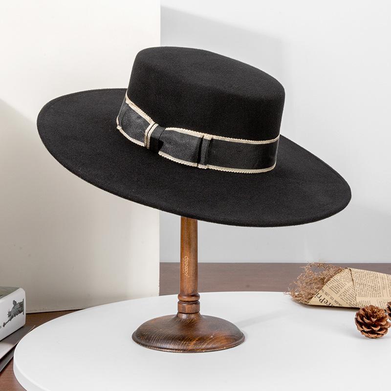 Rongmei Autumn and Winter New French Celebrity Hepburn Style Flat Top Woolen Top Hat Fashion Wide Edge British Felt Hat