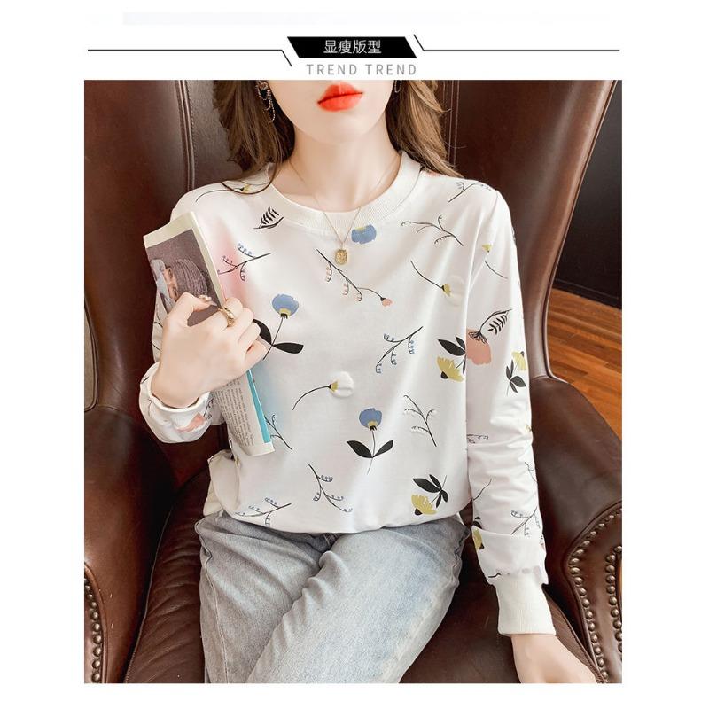 White Printed Long-sleeved Sweatshirt for Women Autumn New Korean Style Loose and Versatile Autumn Round Neck Top