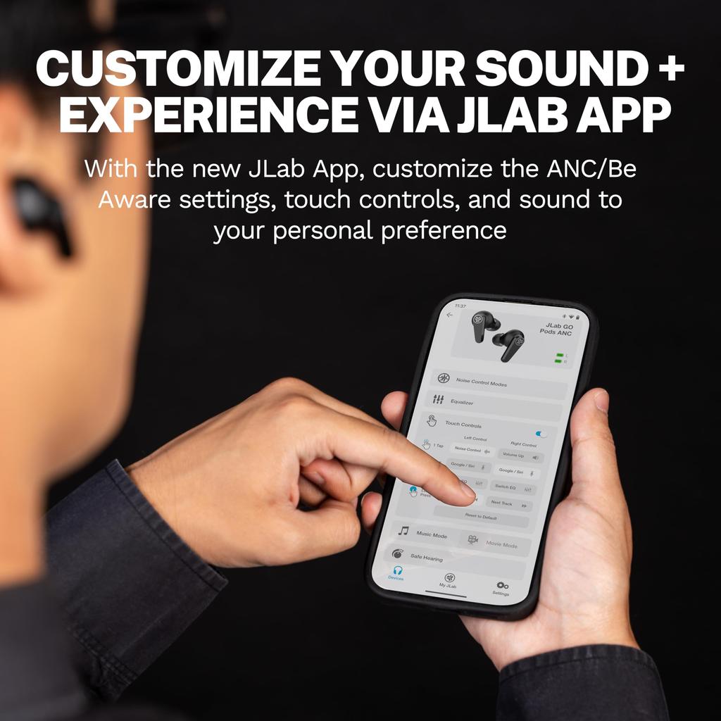 JLab Go Pods ANC Wireless Bluetooth Noise with Long Lightweight and Compatible with iPhone and Black Earbuds, 5.4 Cancelling, Mic, Playtime, Compact,