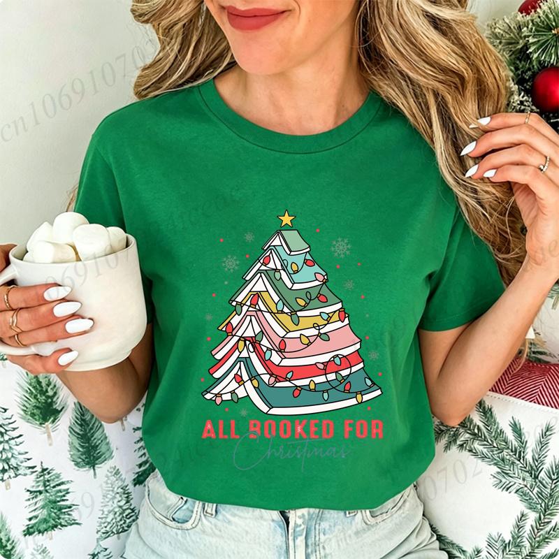 Christmas T-Shirts for Women,Christmas Book Tree Shirt,Funny Graph, Short Sleeve M