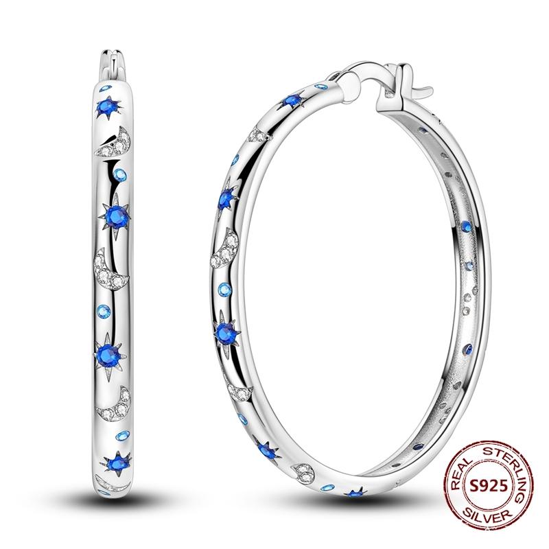 Shining Blue Zircon Owl Earrings 925 Silver Evil Eyes Earrings for Women Wedding Engagement Planet Moon Star Zirconia Jewelry