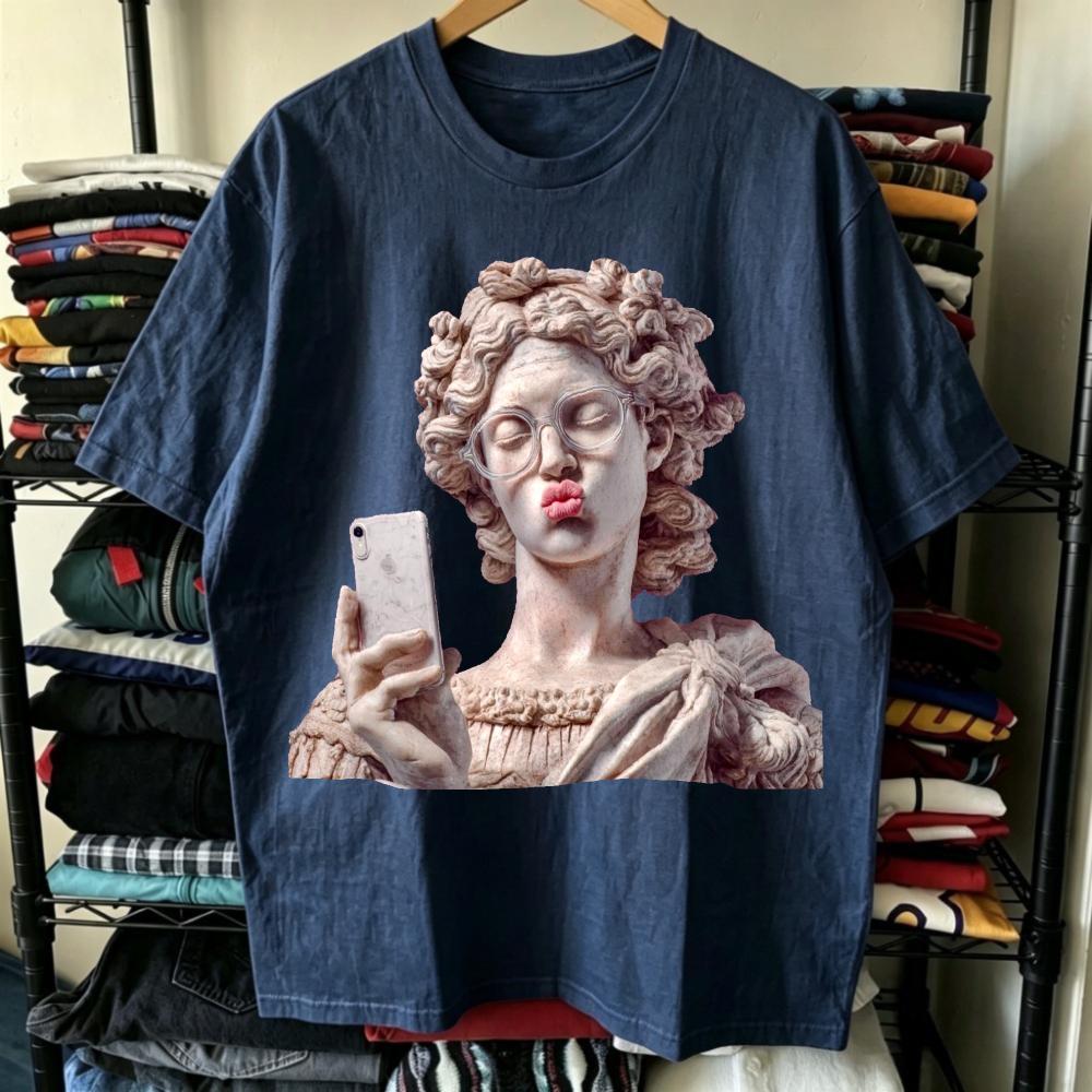 Artistic Statue Selfie Glasses Graphic White Tshirt Unisex Casual Top Creative Print Short Sleeve Tee Aesthetic Streetwear Style