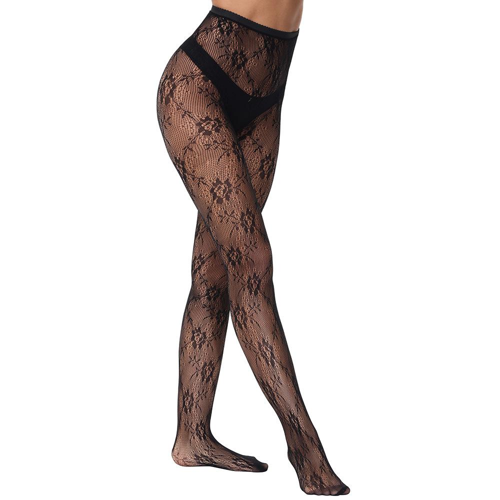 Spring and Summer Thin Four-season Base Stockings with Floral Pattern, Black Long Jacquard Hollow Lace Stockings3078