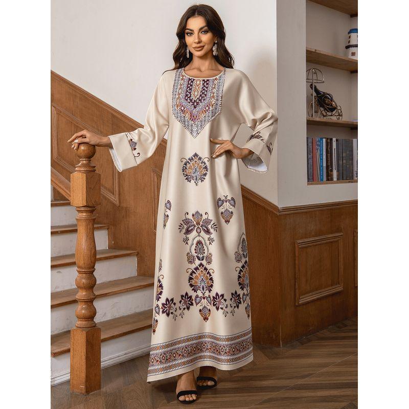 Magic Queen Middle East Saudi Robe Flower Positioning Print Beads Arabic A Word Dress Dresses