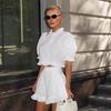 Sommer fremder Stil weißes Blusentop mit Puffärmeln und Shorts Zweiteiler Damen 1116 Französisches Design Baumwoll-Leinen-Hemd-Set