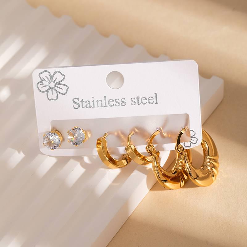 European & American Geometric Titanium Steel Earring Set: Women's Light Luxury 3-Piece Stainless Steel Versatile Earrings