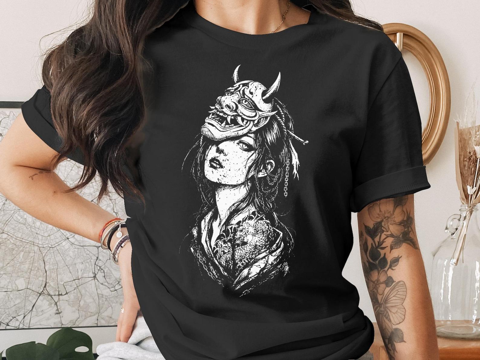 Hannya Mask T-Shirt, Japanese Oni Mask Tee, Gothic Dragon Tattoo Art Shirt, Dark Aesthetic Alt Fashion Tee, Unique Design Gift S