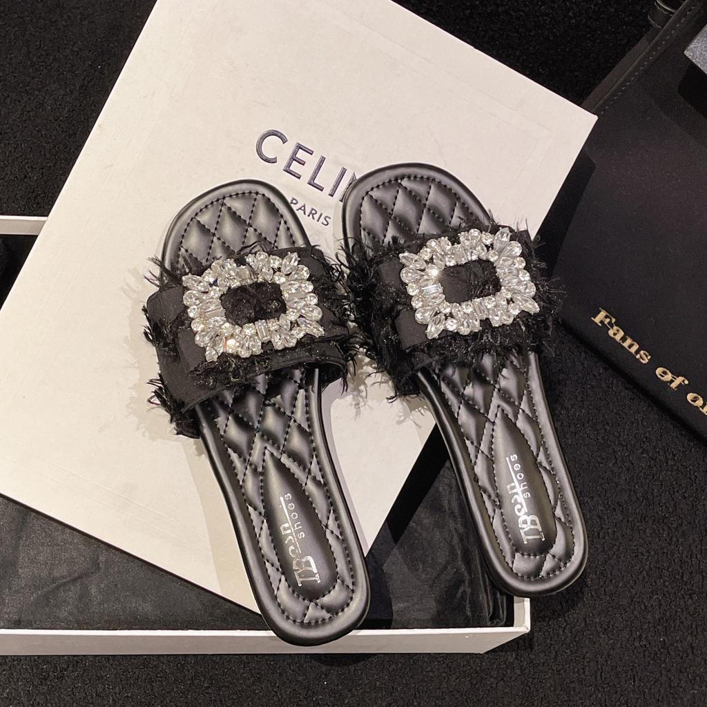 Women's Flat Slingback Sandals - Crystal Embellished Outdoor Slides, Viral Instagram Fashion Must-Have Beach To Street Shoes