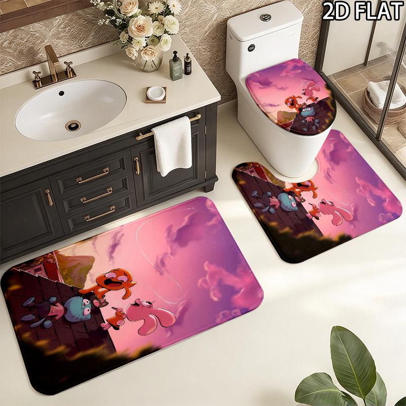 3pcs The Amazing World of Gumball Pattern Flannel Nonslip Absorbent Washable Decorative Bathroom Home Toilet Seat Cover Mat