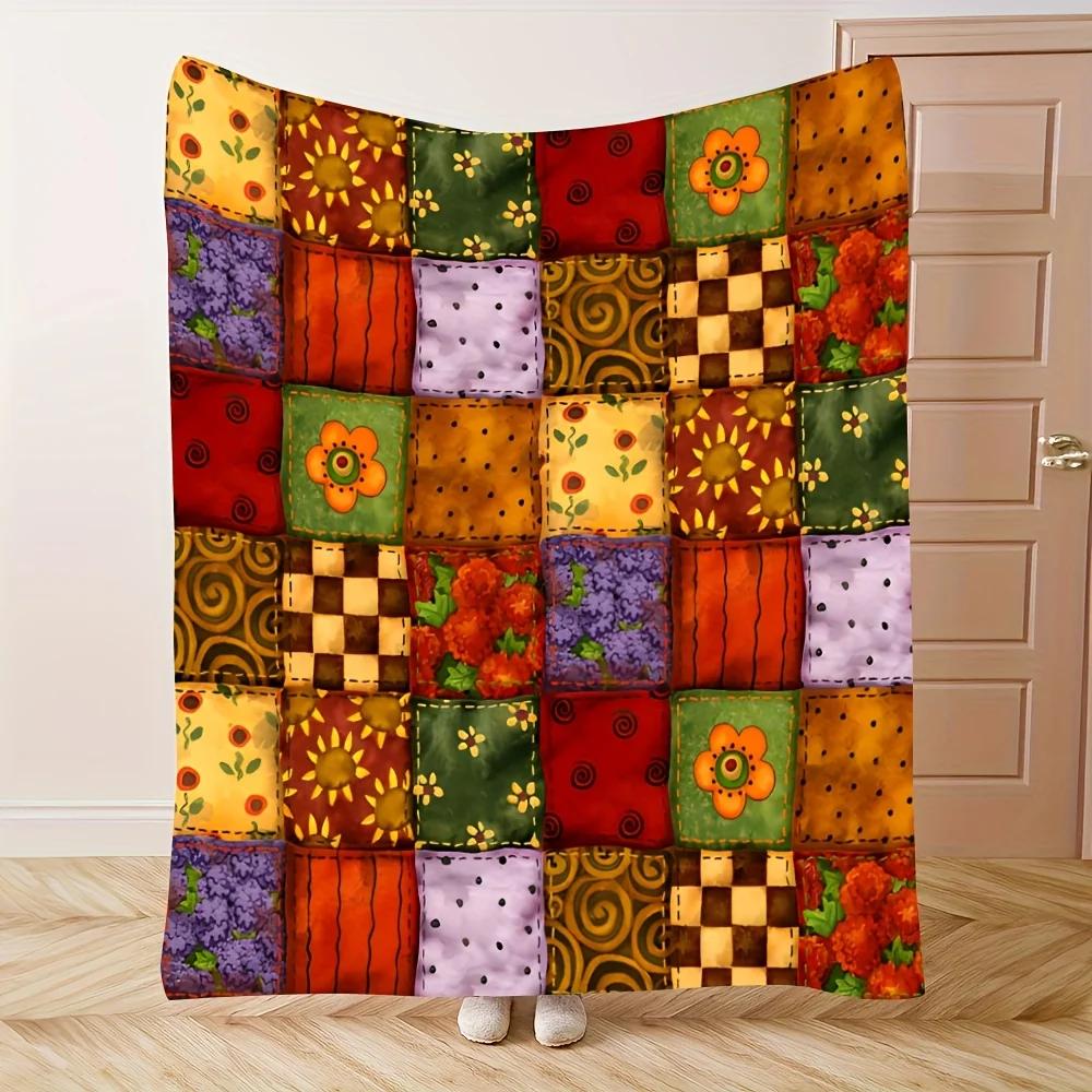 Vintage Floral Print Patchwork Fleece Blanket - Cozy, Soft, All-Season Decorative Blanket for Sofa, Office, Bedroom - Machine Wa