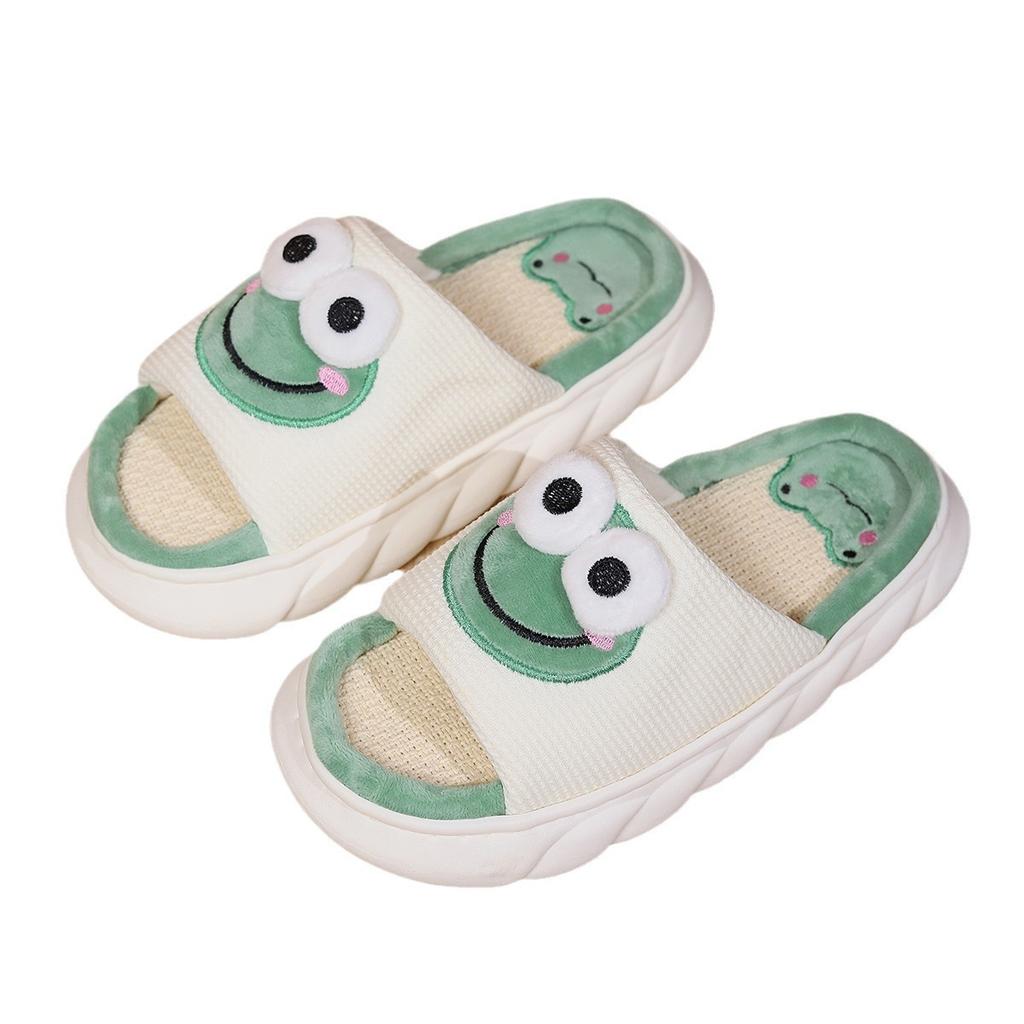 Indoor slippers for home use, anti slip, odor proof, and have a strong sense of stepping on feces. Thick soled cartoon frog slippers, linen slippers