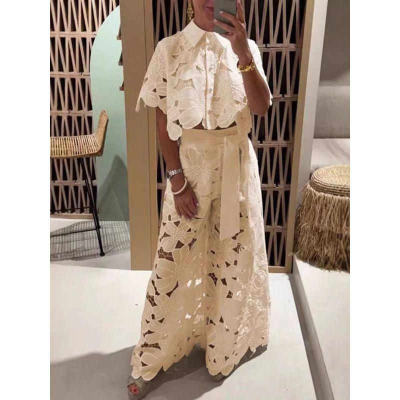 Hollow Collar Top Wide Leg Pants Set Hollow Out Lapel Top Wide Leg Pants Set