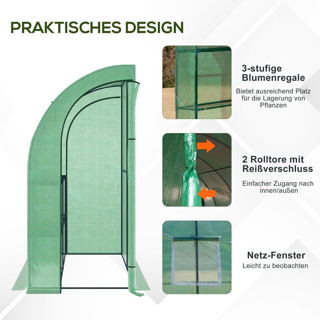 Walk-In Lean to Wall Greenhouse with Windows and Doors, Outdoor Green House with 3 Tiers 4 Wired Shelves, 200L x 100W x 215Hcm, Green