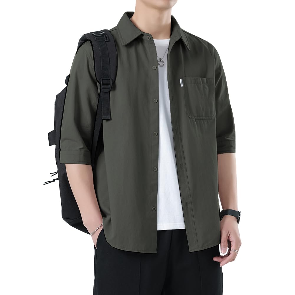 

FUZHIHUA Летняя мужская рубашка с коротким рукавом, свободного кроя, ледяная, однотонная, стильная, одежда, рукав 5/8, охлаждающая, прилегающая, шелковая, прохладная, удобная, легкая, мягкая,