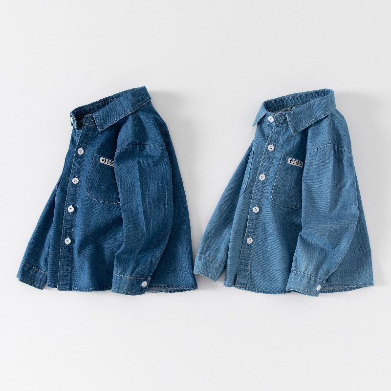 Children's Clothing Spring and Autumn Kids Long Sleeves Shirt Clothes Boys' Denim Shirt Baby Boy Casual Pure Color Square Collar Top