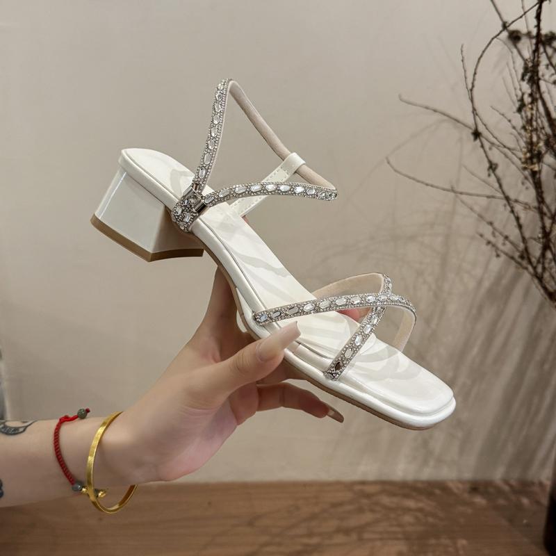 Women's Summer Crystal Narrow Band Women Sandals Concise Comfort Thick Heel Footwear for Ladies