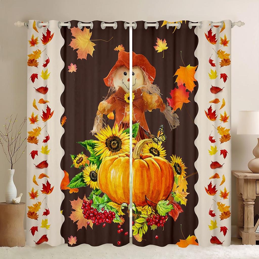 Fall Curtain Gnomes Autumn Thanksgiving Watercolor Maple Leaf Pumpkin Window Drapes Kitchen Living Room Treatments Curtains Polyester Great Treatment