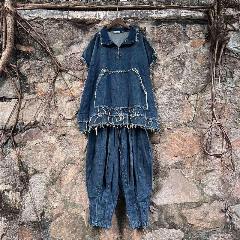 Womens 2026 Streetwear Denim Set Contrast Panel Distressed Loose Long Sleeve Shirt Top Baggy Pants