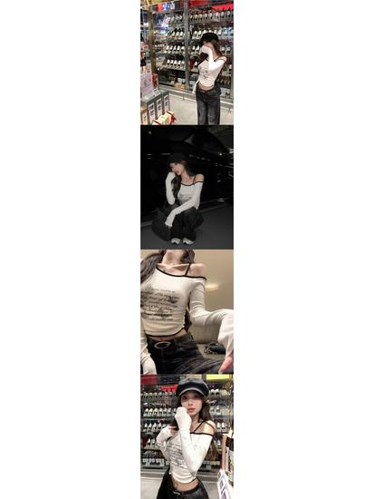 Available: Butterfly Print One-Shoulder Long Sleeve Ruched Slim Fit Short Top - Fashionable & Versatile