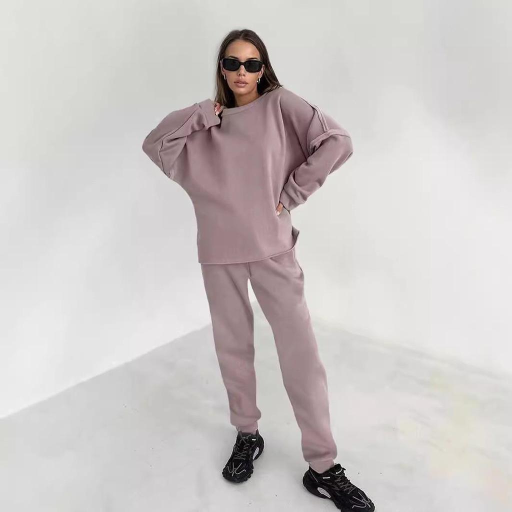 2023 Pink Sport Fleece Sweatshirt & High Waist Sweatpants Set - European & American Autumn Fashion for Women