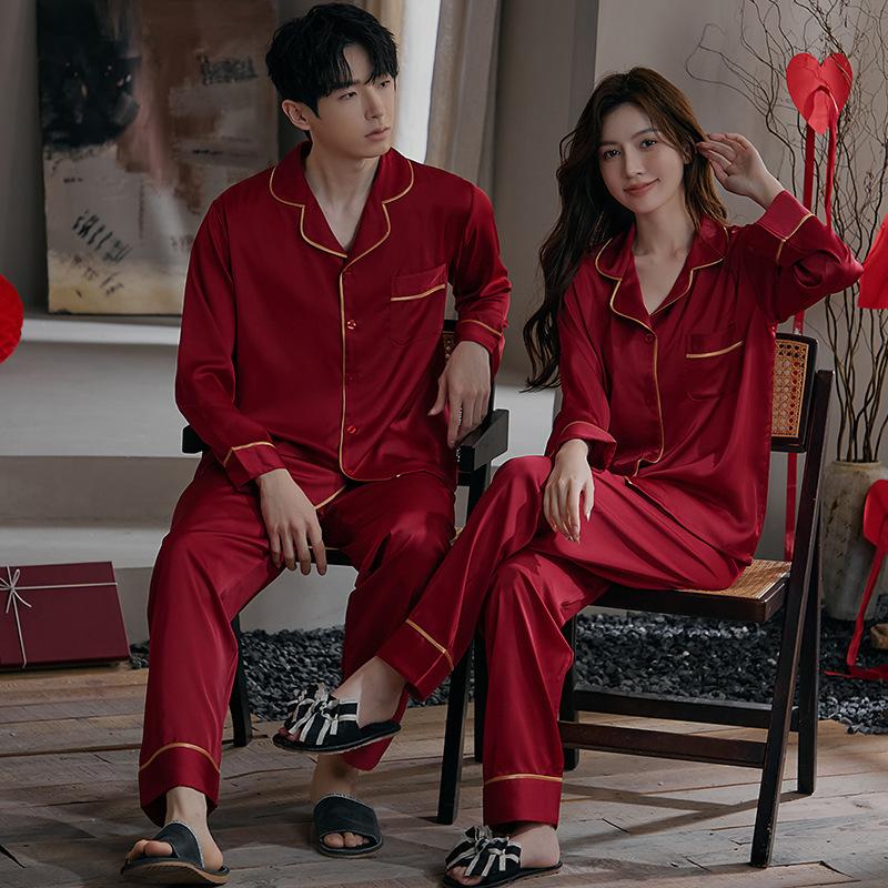 Couple’s Red Wedding Pajama Set Long Sleeve Top and Pants Newlywed Bridal Sleepwear