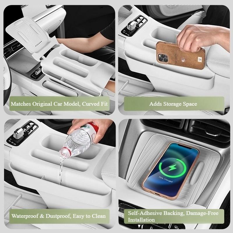 Pour Geely EX2 Proton eMAS 5 2024-2026 Boîte de rangement pour porte-gobelet de console centrale de voiture Charge sans fil Organisateur avec coussinet en silicone