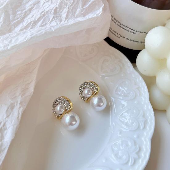 White Faux Pearl Stud Earrings with Semicircle Zirconia Crystal Top Lightweight Silver Needle Bridal Earrings for Brides Bridesmaids Wedding Party