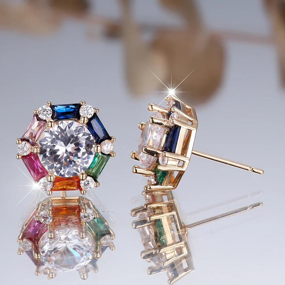 Cute Rainbow Zircon Stud Earrings for Women Luxury Gold Silver Color Wedding Jewelry Gift