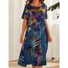 Sommer Damenkleid Rundhals Kurzarm Locker Mode Lässig Kunstdruck Pullover Urlaub Seil Vintage Damenkleider
