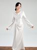 Luxurious Custom French Acetate Asymmetrical Satin Gown with Swing Neck and Flared Long Sleeves