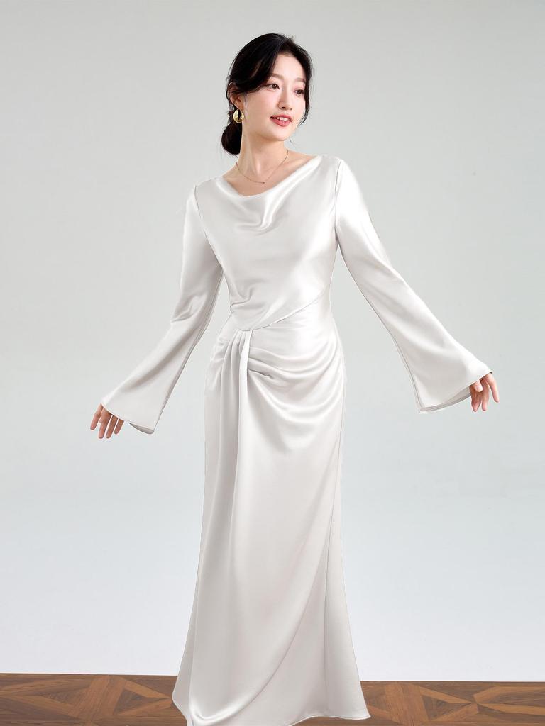 Luxurious Custom French Acetate Asymmetrical Satin Gown with Swing Neck and Flared Long Sleeves