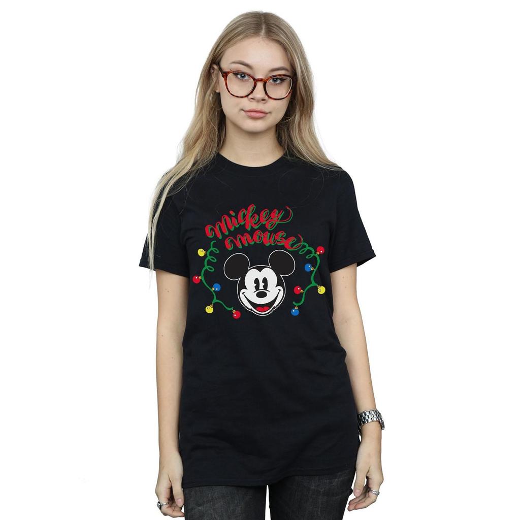 Disney Womens/Ladies Mickey Mouse Christmas Light Bulbs Cotton Boyfriend T-Shirt