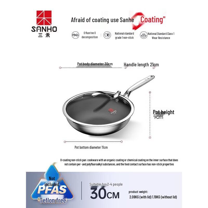 Sanhe Pure Titanium Non-stick Flat-Bottom Wok
