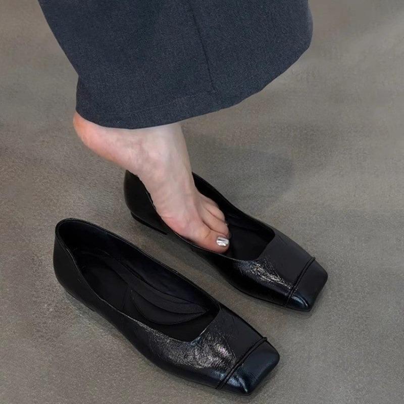 Soft-soled Soft-faced Flat-soled Single Shoes Autumn New Square-toe Shallow-mouth Splicing Slip-on Low-top Shoes