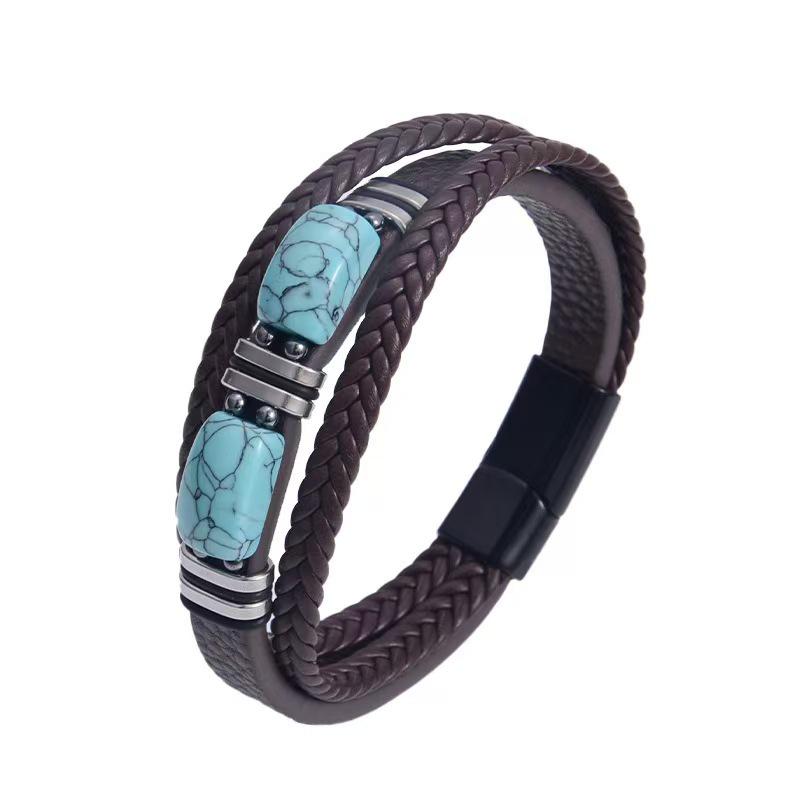 Men's Double Layer Leather Bracelet with Tiger Eye Stones