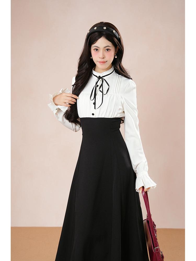 Siam Vintage French Style Retro Waist-Cinching Patchwork Dress - Autumn 2025 Small