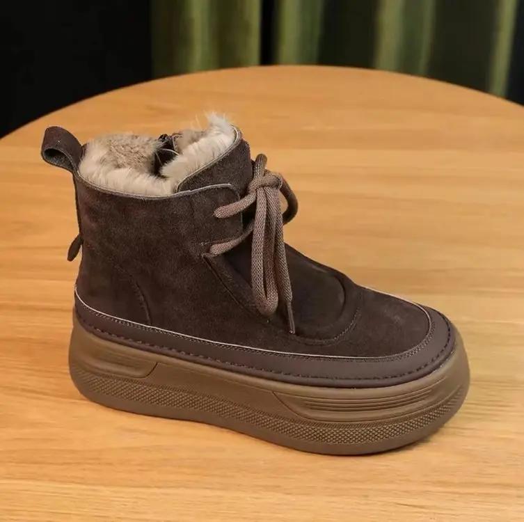2024 Winter New Short Cotton Boots Women's Fashion Casual Lace-up Snow Boots Thick Soles Plus Cashmere Warm Cotton Shoes
