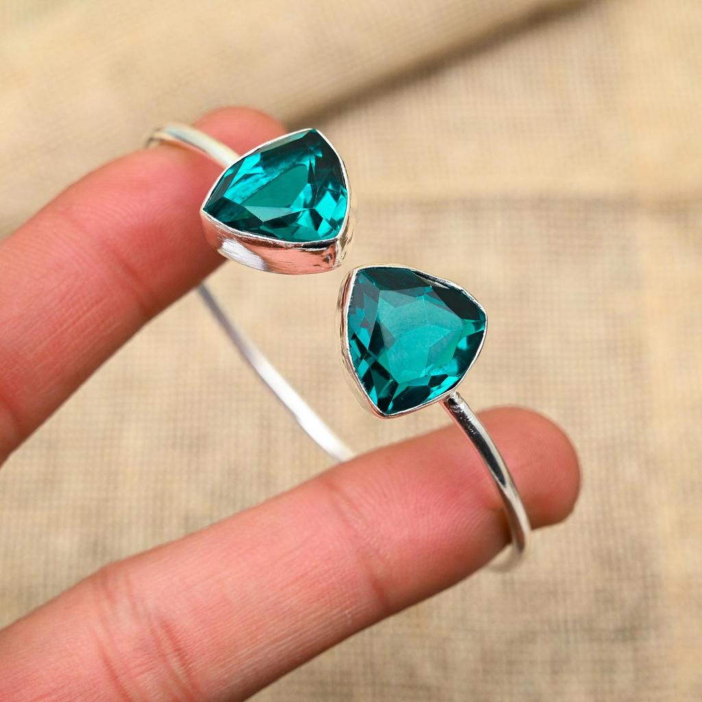 Pretty Indicolite Gemstone 925 Solid Sterling Silver Handmade Jewelry Bangle For Women