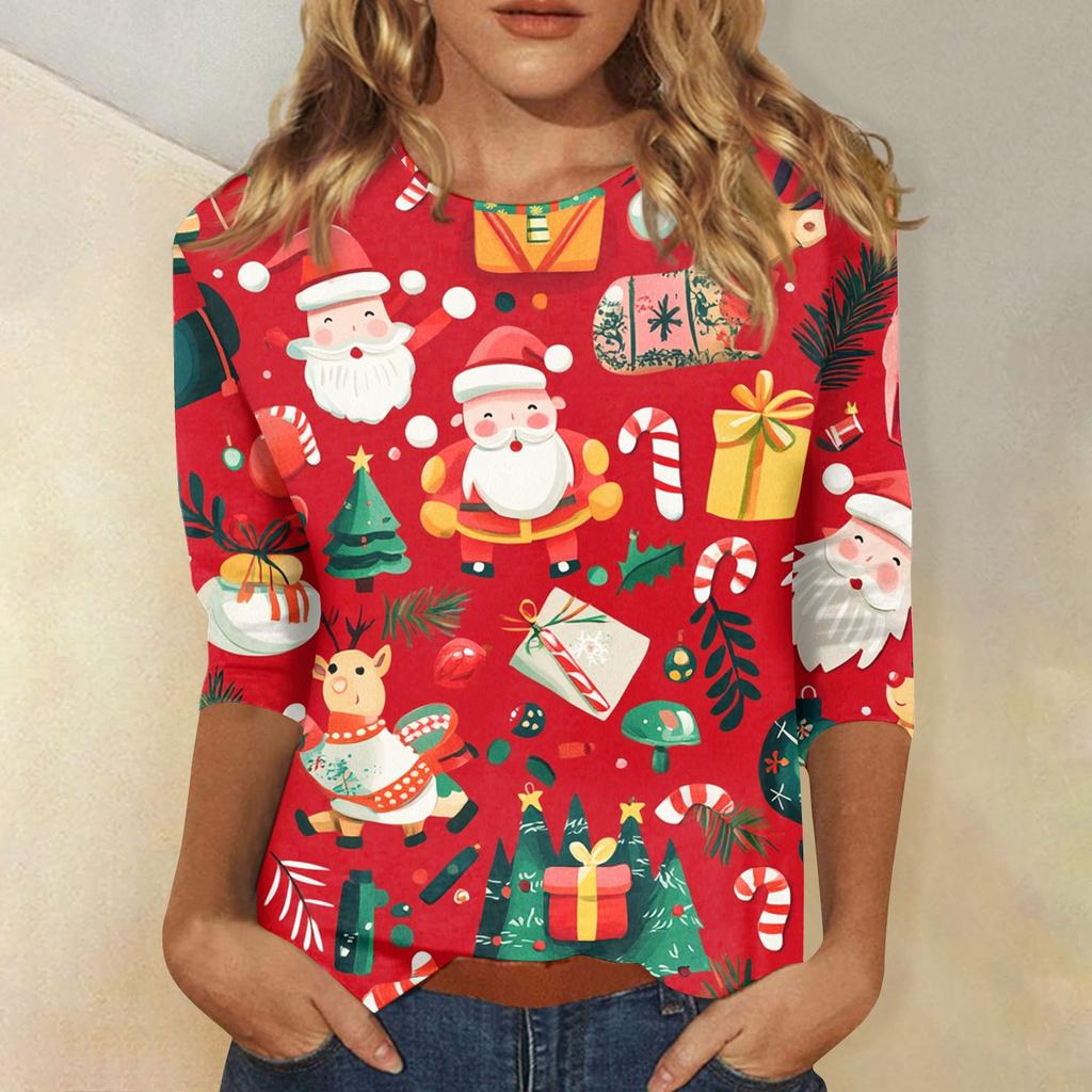 Women's Tops Three-quarter Sleeve Shirt V-neck Loose Casual Shirt Print T-shirt