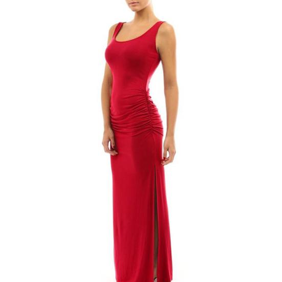 ¿Vestido largo de verano sin mangas con escote redondo y abertura lateral de color liso para mujer?Vestido Largo Fruncido