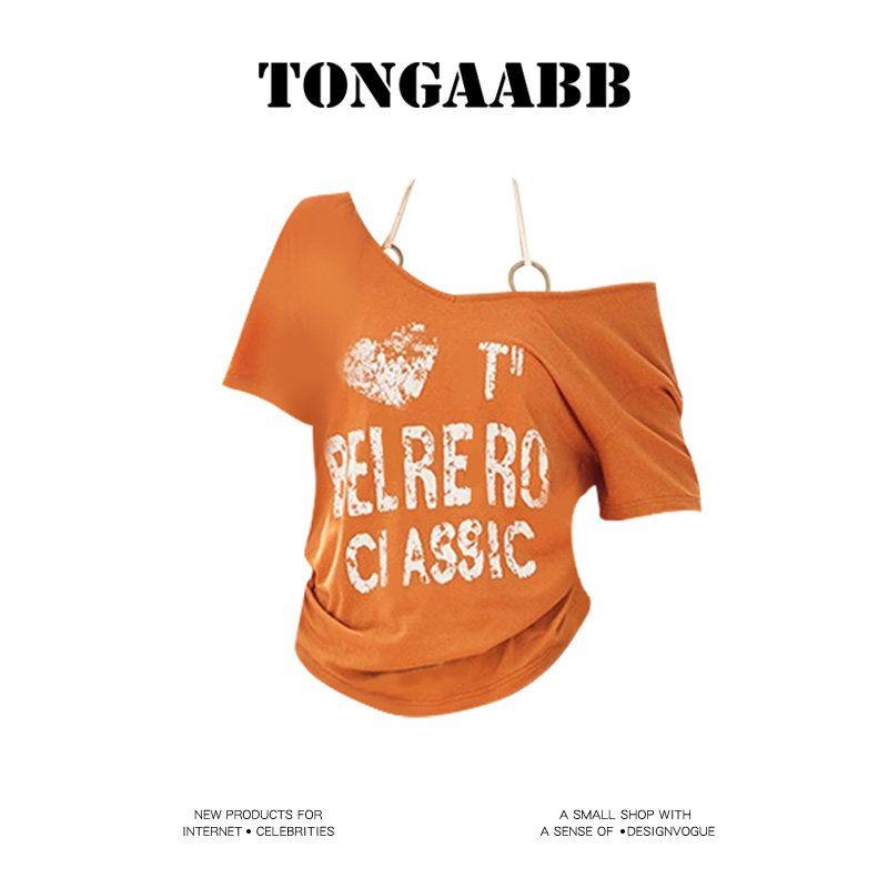

Tongaabb Africa Migration Loose Glitter Logo T-shirt in Contrast Color with Chest Pad Two-piece Set Female Summer Orange M