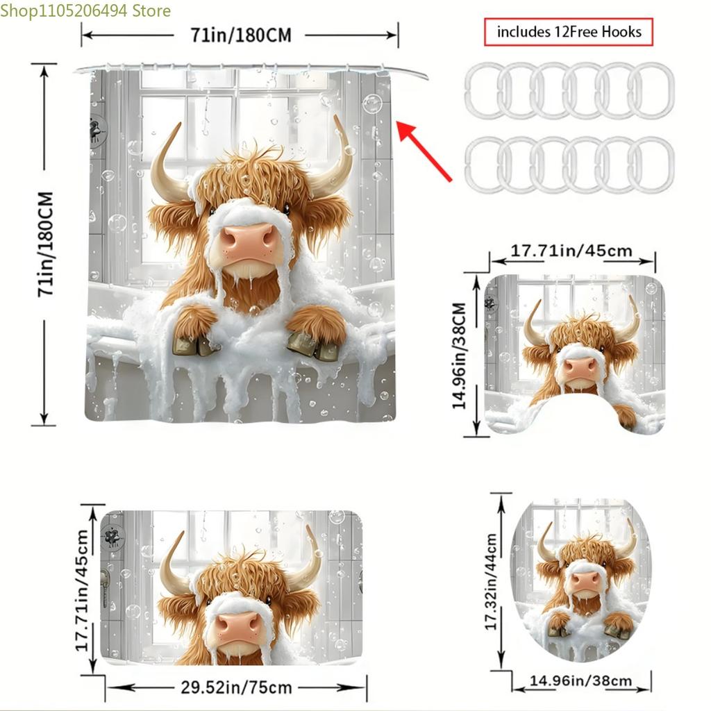 1/3/4pcs Cute Highland Cow Bathroom Set with Shower Curtain, Bath Mat & Toilet Cover - Scottish Cow Print Bath Decor, Soft Far