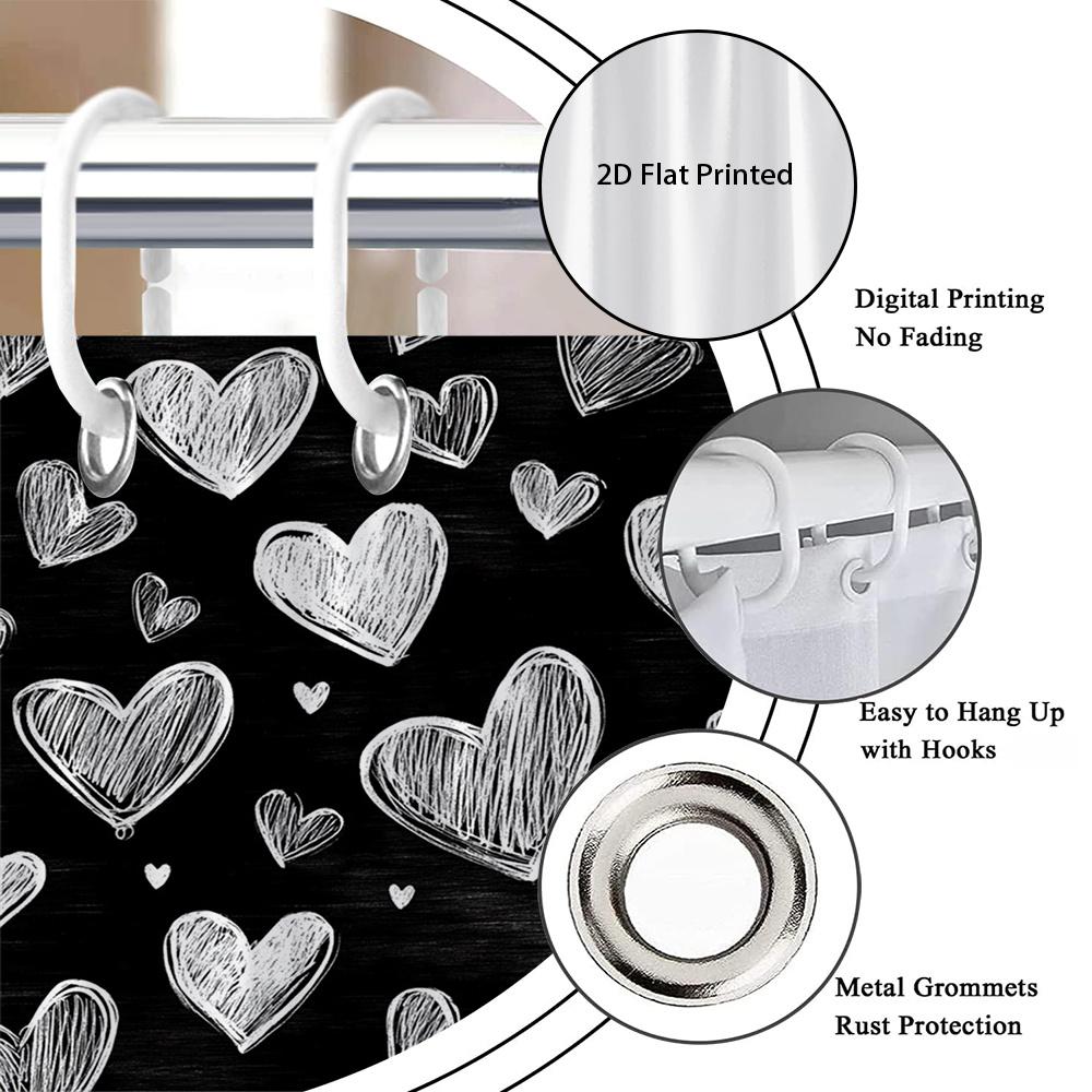 1Pc Black And White Heart-Patterned Shower Curtain, Polyester Fabric, Machine Washable, Suitable For Bathroom Dcor.