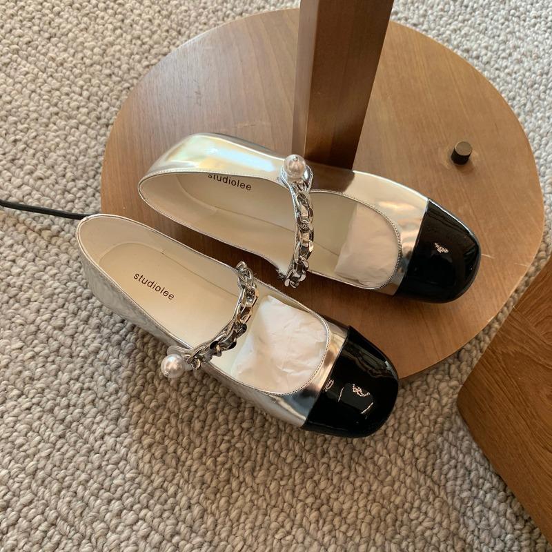 Sheepskin Version~ New Spring and Autumn Flat Bottom Color Matching Pearl Light Mouth Mary Jane Shoes Women's Single Shoes