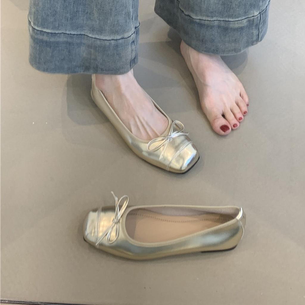 French Small Fragrant Style Bow Light Mouth Ballet Single Shoes Women's Versatile Square Head Gentle Flat Grandma Shoes