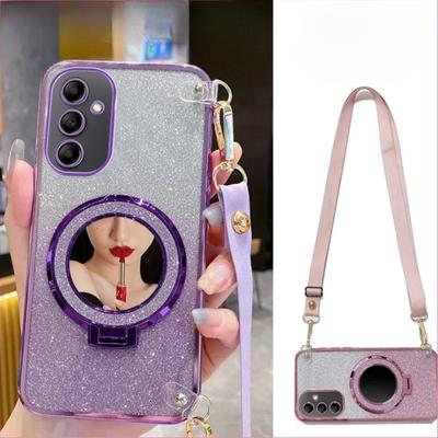 Crossbody Lanyard Zrkadlový Magnetický Stojan Držiak Pokovovaný Kryt Pre Samsung S24 S23 S22 Ultra A05S A15 A25 A35 A55 A54 A34 A24 A14 A13 A23 A33 A53