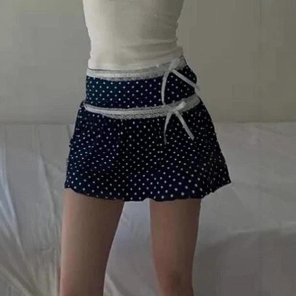 Retro Polka Dot Bow Lace Trim A-line Skirt - Summer Slimming Style