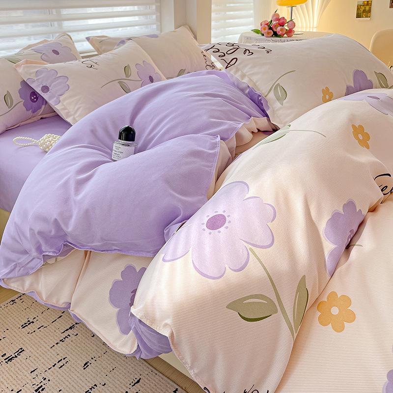 Class A Maternal And Infant Grade Small Fresh Pure Abraded Four-Piece Set Skin-Friendly Bed Sheet Washed Cotton Quilt Cover Student Dormitory 3Pcs Set