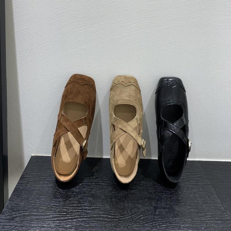 Retro Square Head Suede Light Mouth Single Shoes Women's Autumn New Korean Version Cross Belt Ballet Style Flat Mary Jane Shoes