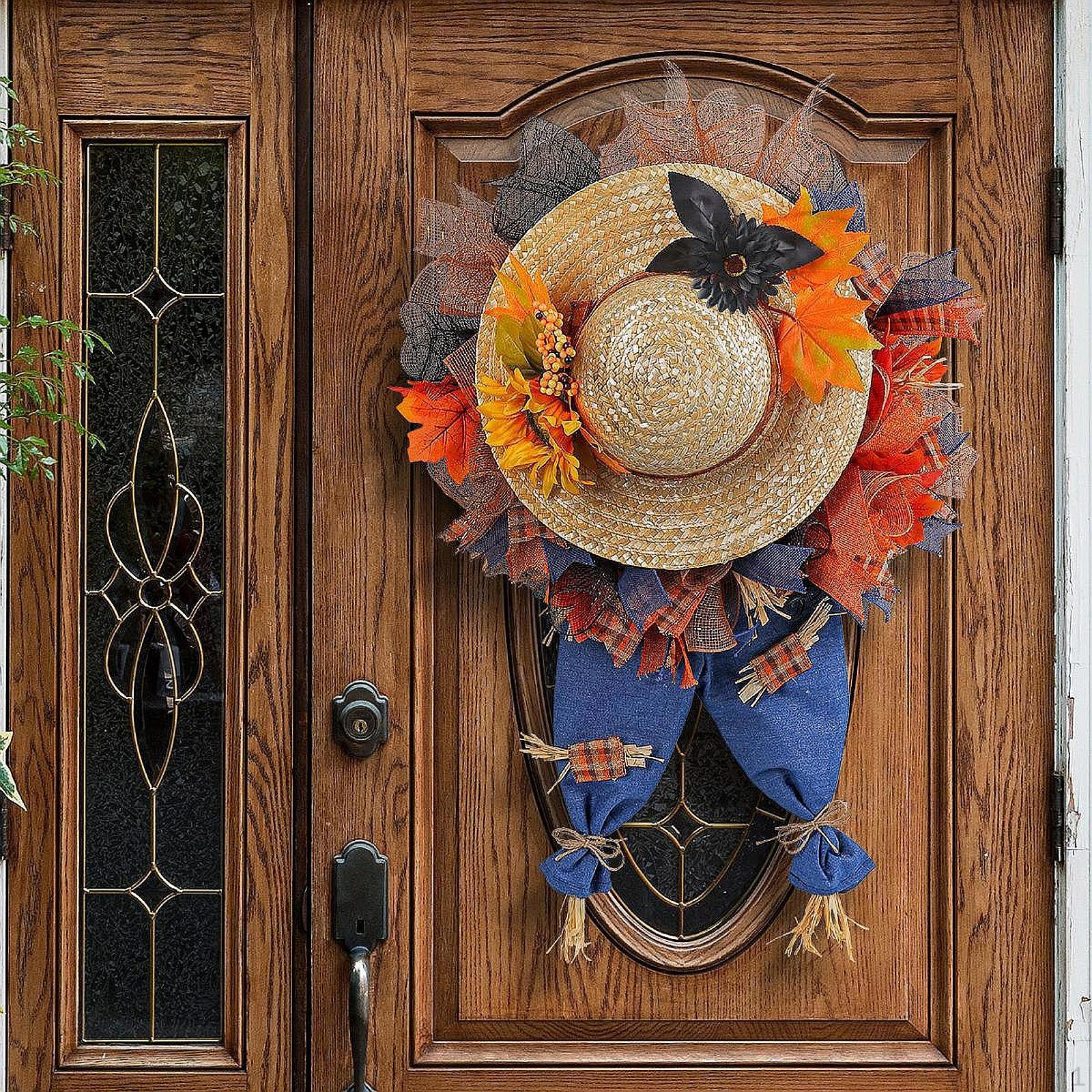 Front Door Fall Wreath Sun Hat Jeans Decorative Harvest Decoration Maples Leaves for Garden